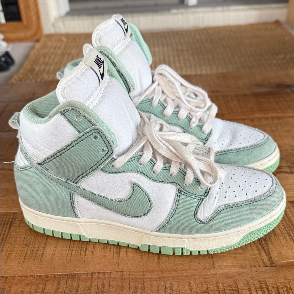 Nike Dunk Retro High Top Green Denim Fabric & White Athletic Sneakers Size 8.5